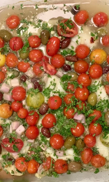 Cod with Tomato, Capers and Olives