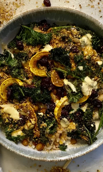 Roast Delicata Squash, Chickpea and Kale and Harvest Bowl