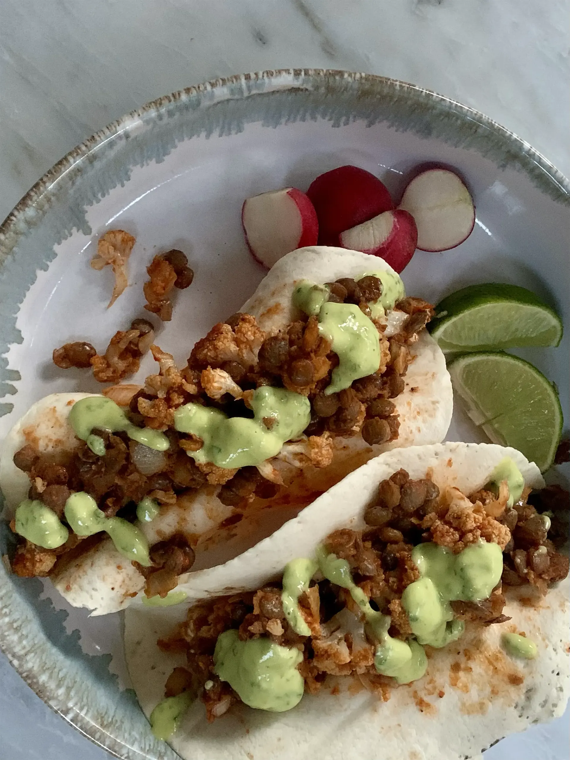 Cauliflower and Lentil Tacos with Avocado-Cilantro Dressing